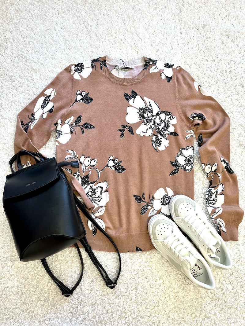 mocha and black floral print lightweight sweater flat lay