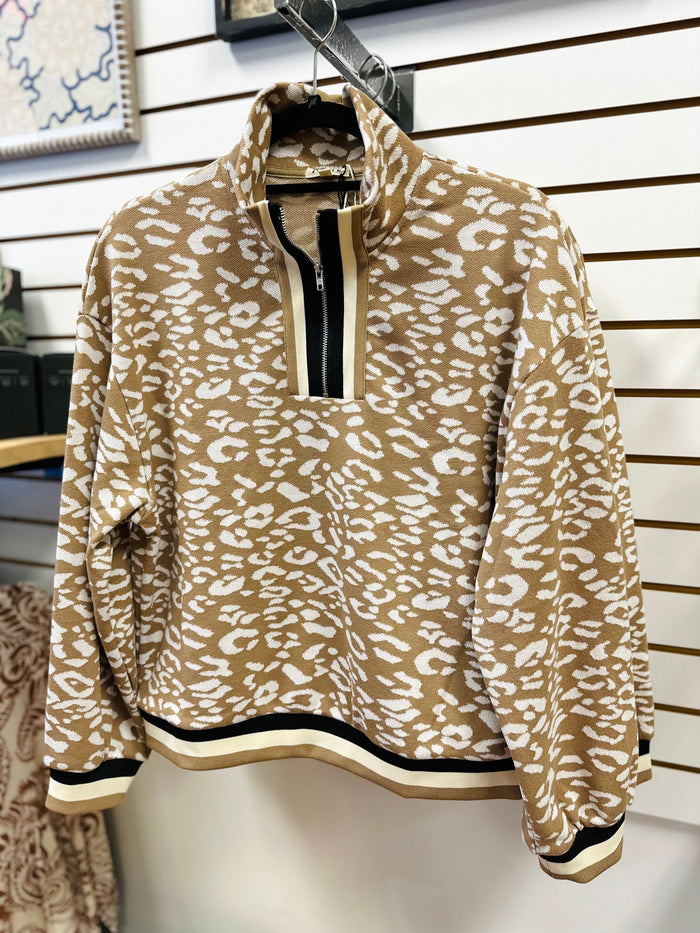 Taupe Leopard Print Quarter Zip Sweatshirt | Shaylee Jodifl