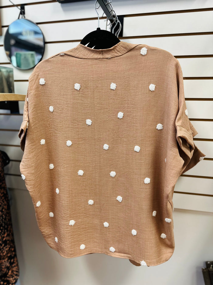 Taupe and Off-White Dot Detail Short Sleeve Top | Diana Jodifl