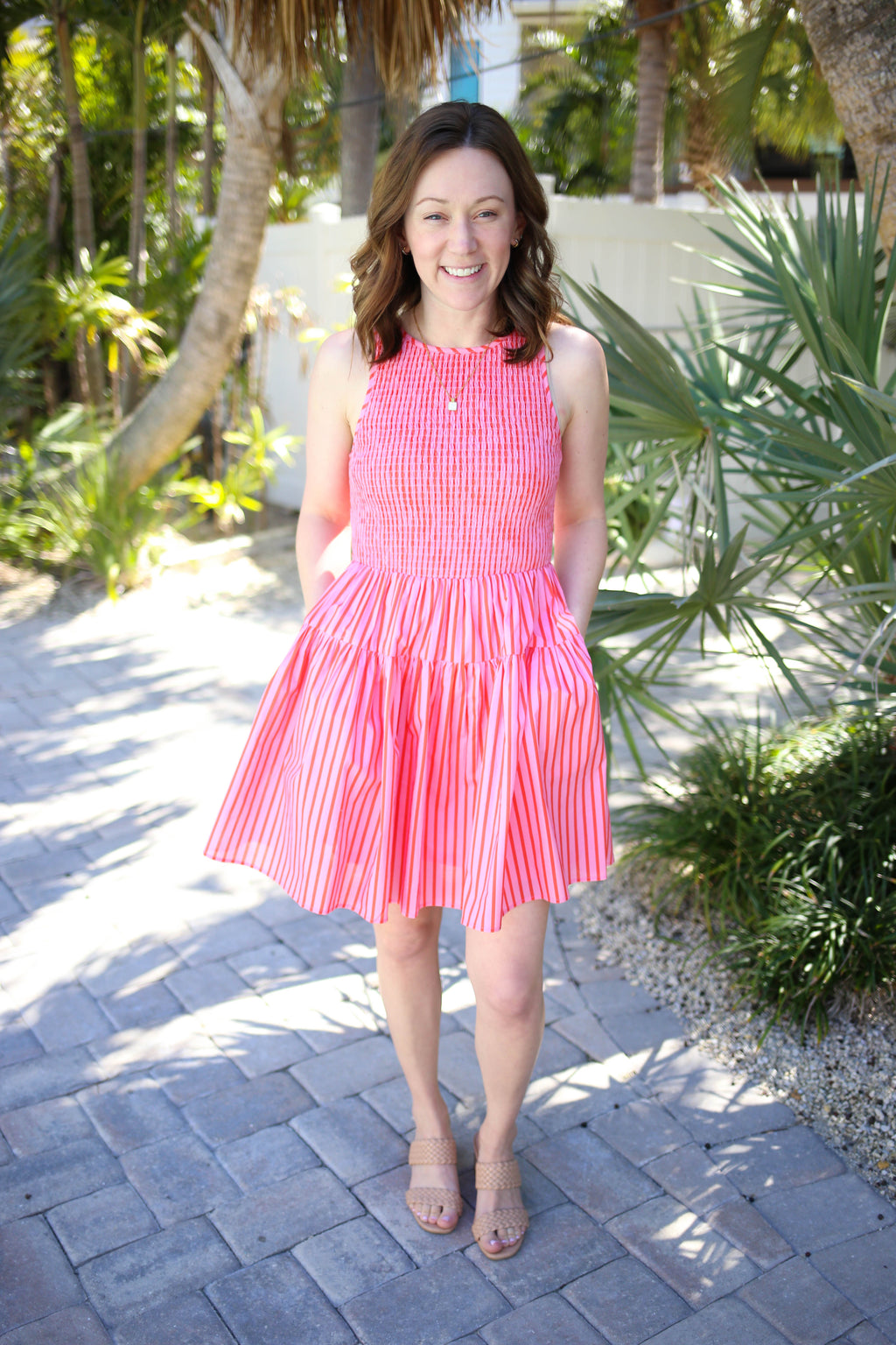 Pink and Orange Stripe Smocked Dress