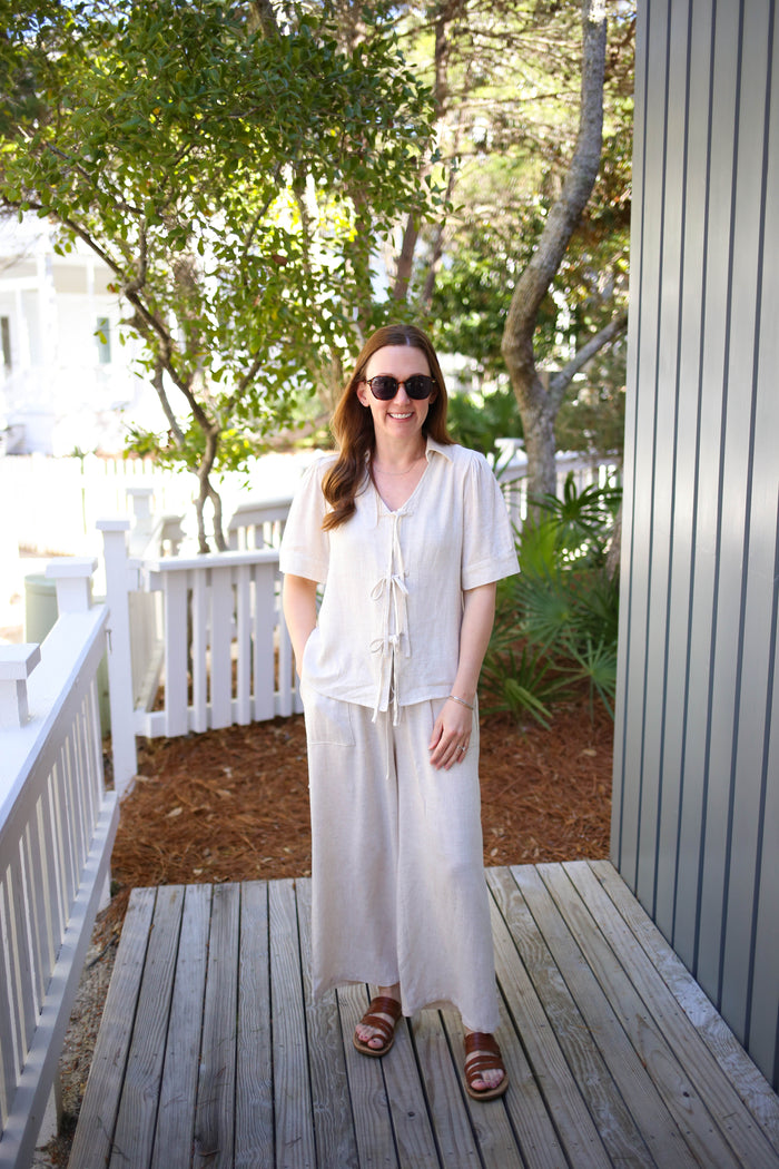 Oatmeal Linen Tie Front Top and Pant Set | Lori Jodifl