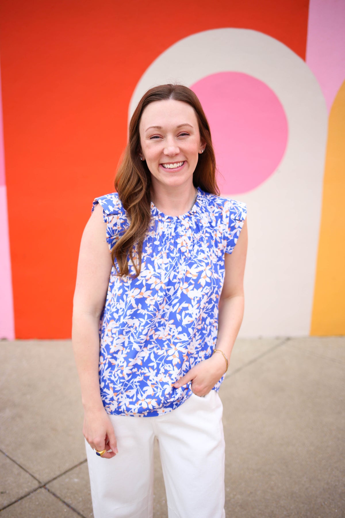 Blue and White Floral Print Sleeveless Top | Molly Staccato