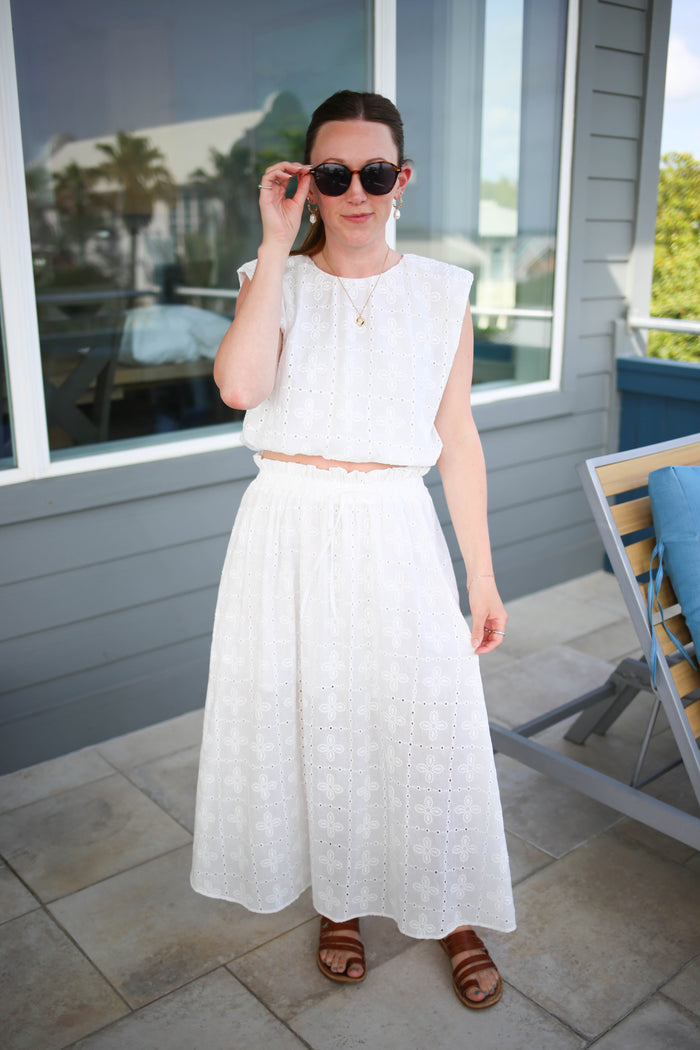 White Eyelet Detail Top and Skirt Set | Ciara Boutique Elise