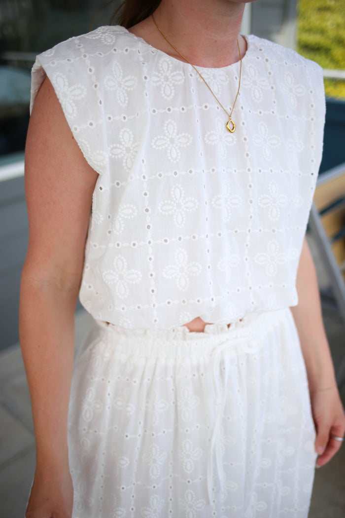 White Eyelet Detail Top and Skirt Set | Ciara Boutique Elise