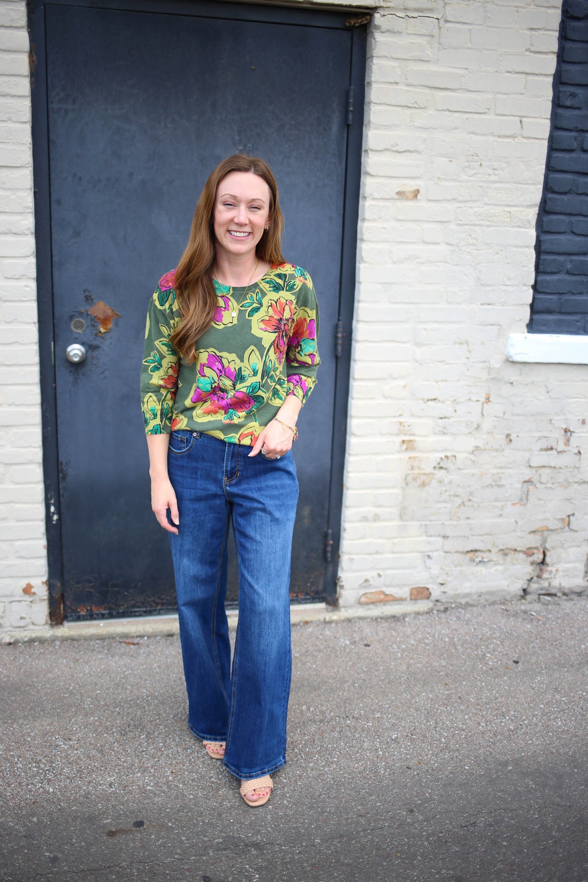 Three Quarter Sleeve Olive Green Floral Sweater | Sydney tribal clothing