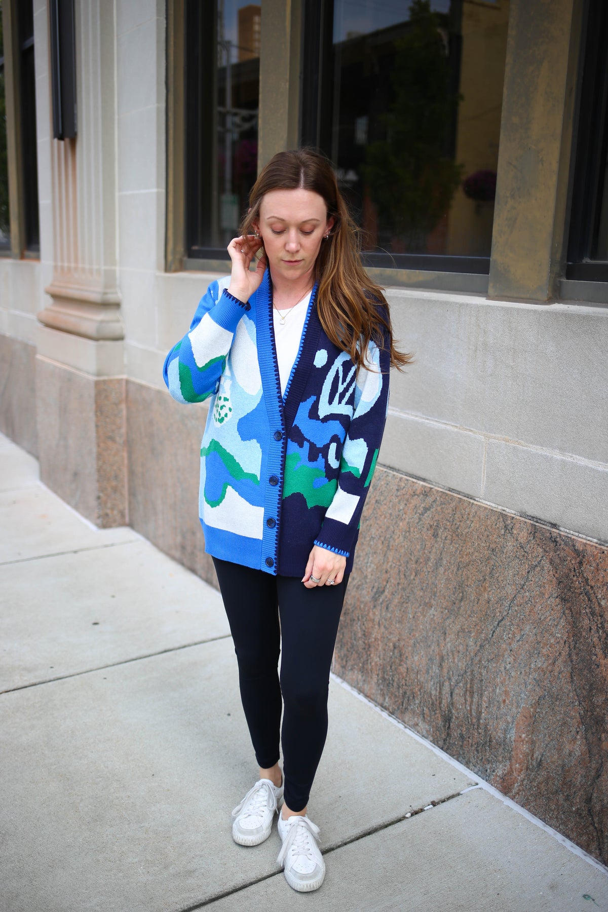 Navy Blue and Green Print Button-Down Cardigan | Jenny tribal clothing