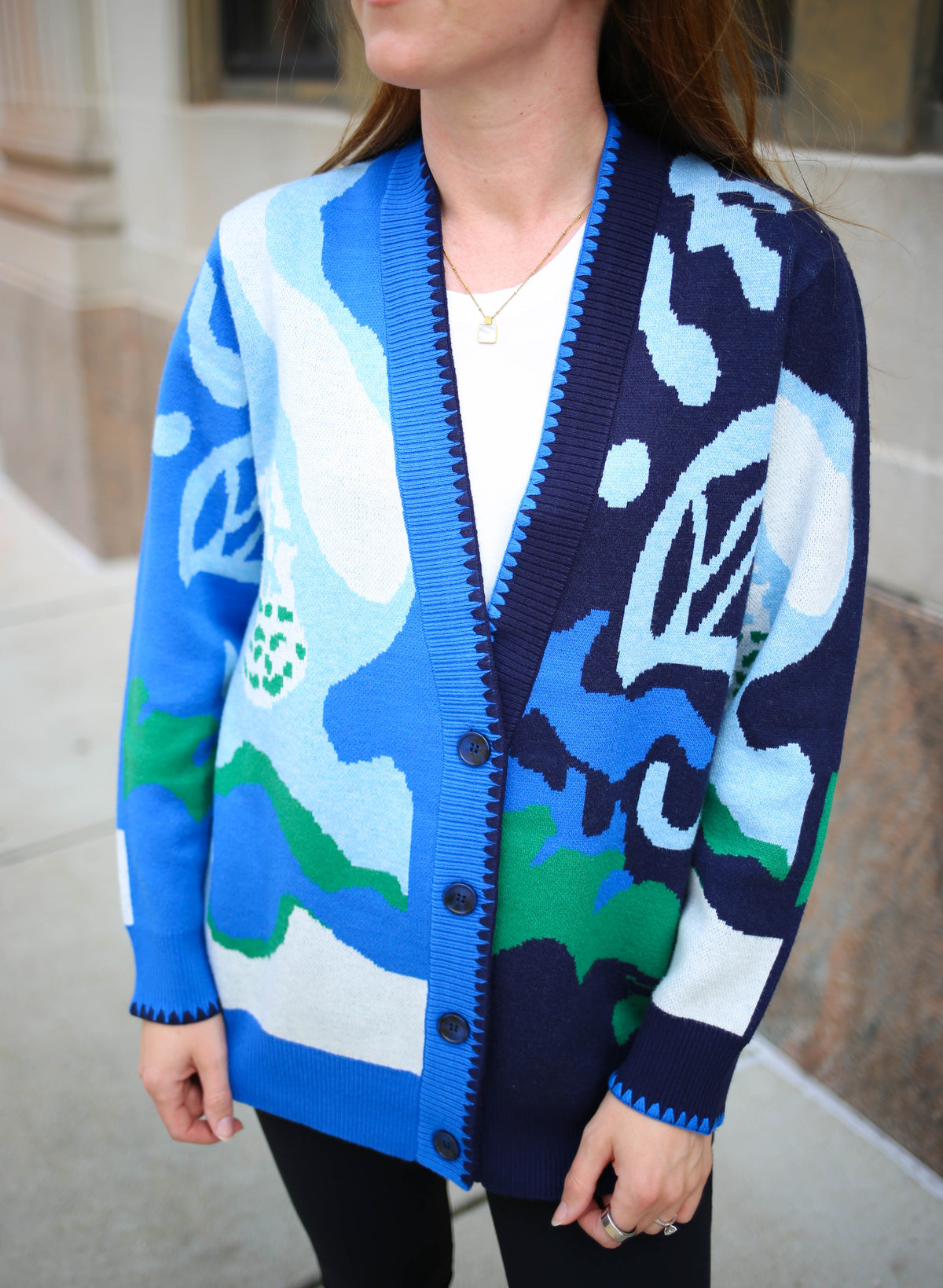 Blue, navy, and green print button-down cardigan