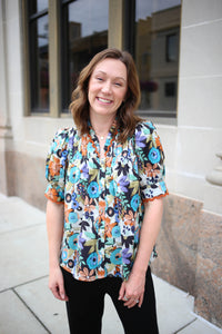 orange blue and purple floral print short sleeve top, entro