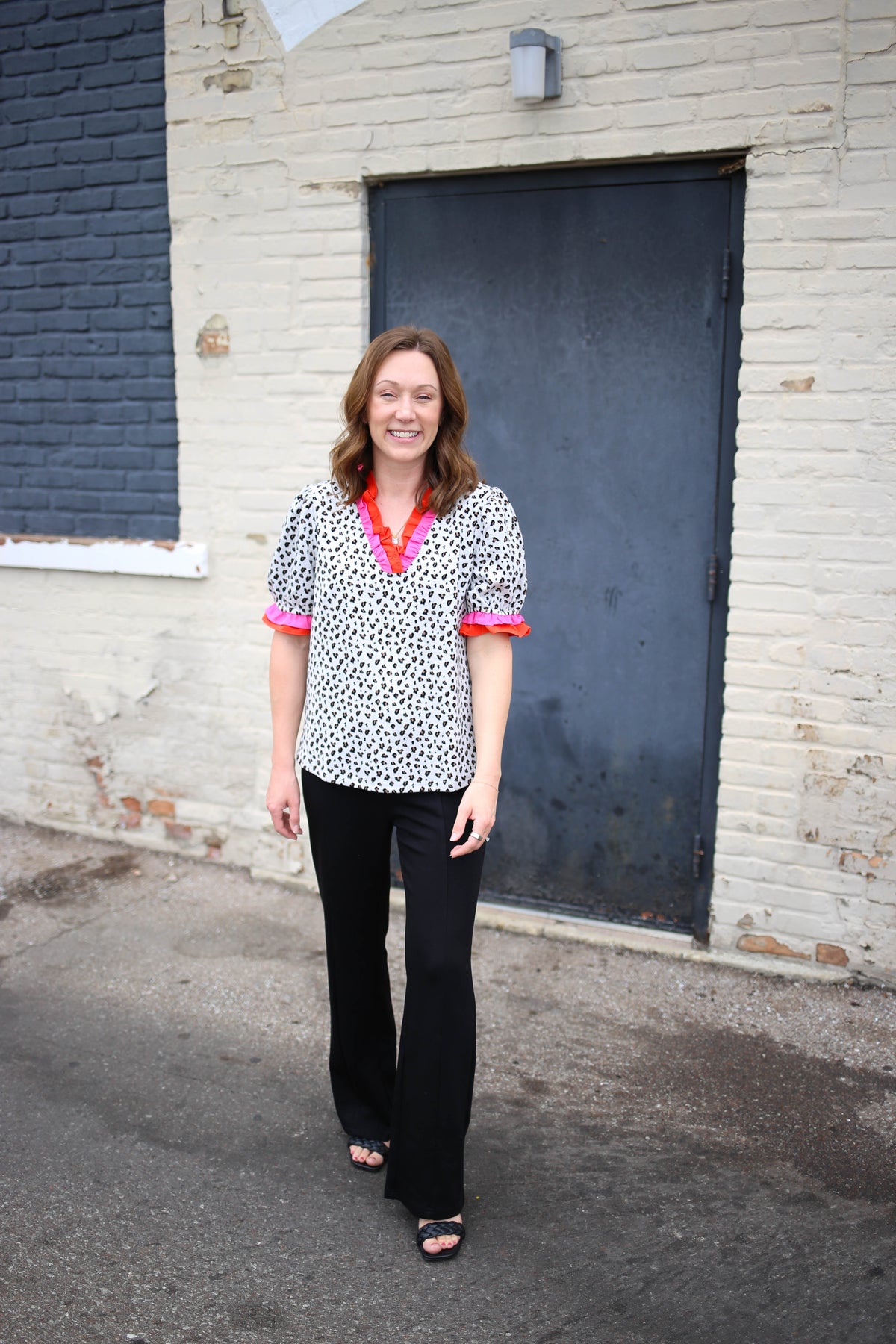 Animal Print and Ruffle Neckline Top | Allie VOY