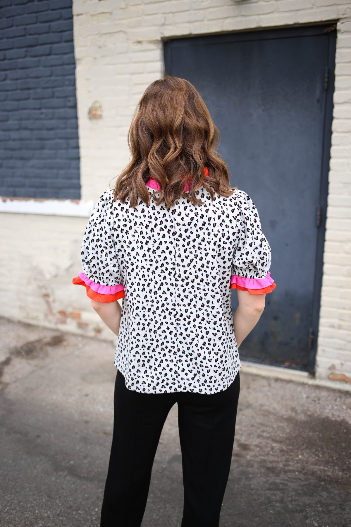Animal Print and Ruffle Neckline Top | Allie VOY