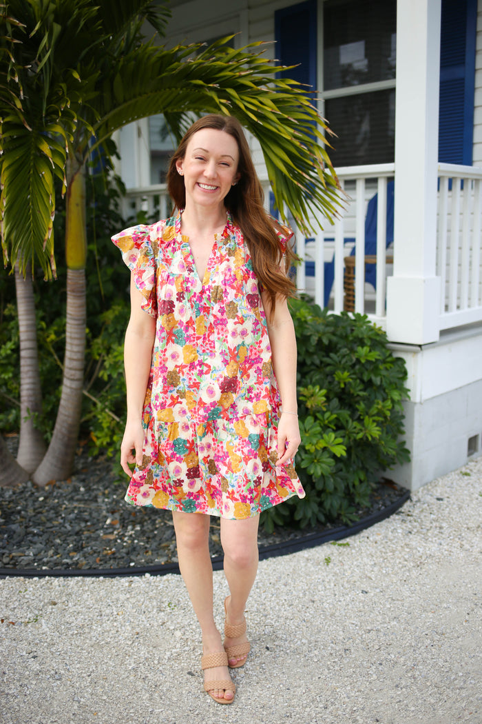 Pink Mustard and Blue Floral Print Mini Dress | Boutique Elise | Jenna Entro