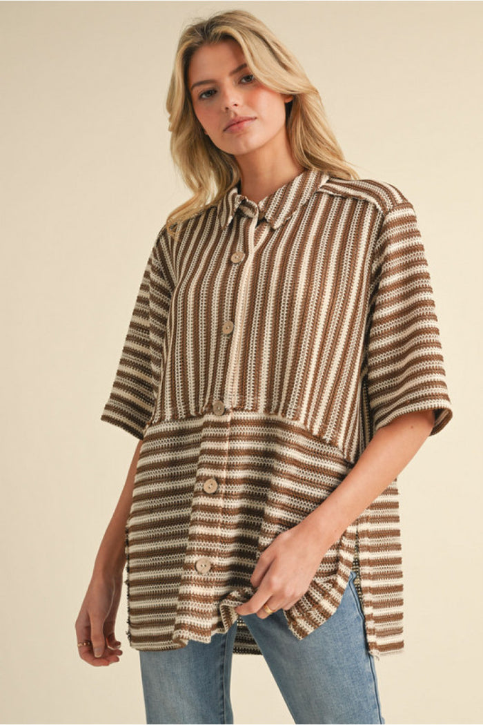 women wearing a mocha and off-white contrasting stripe button-down top