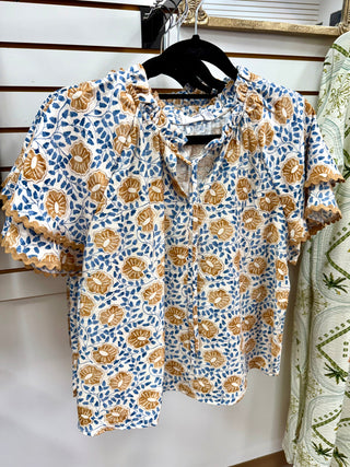 Light Blue and Honey Taupe Print Ric-Rac Hem Top | Tessa EESome