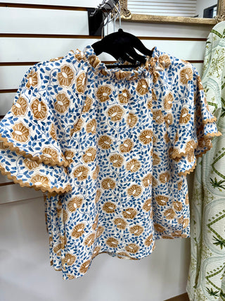 Light Blue and Honey Taupe Print Ric-Rac Hem Top | Tessa EESome