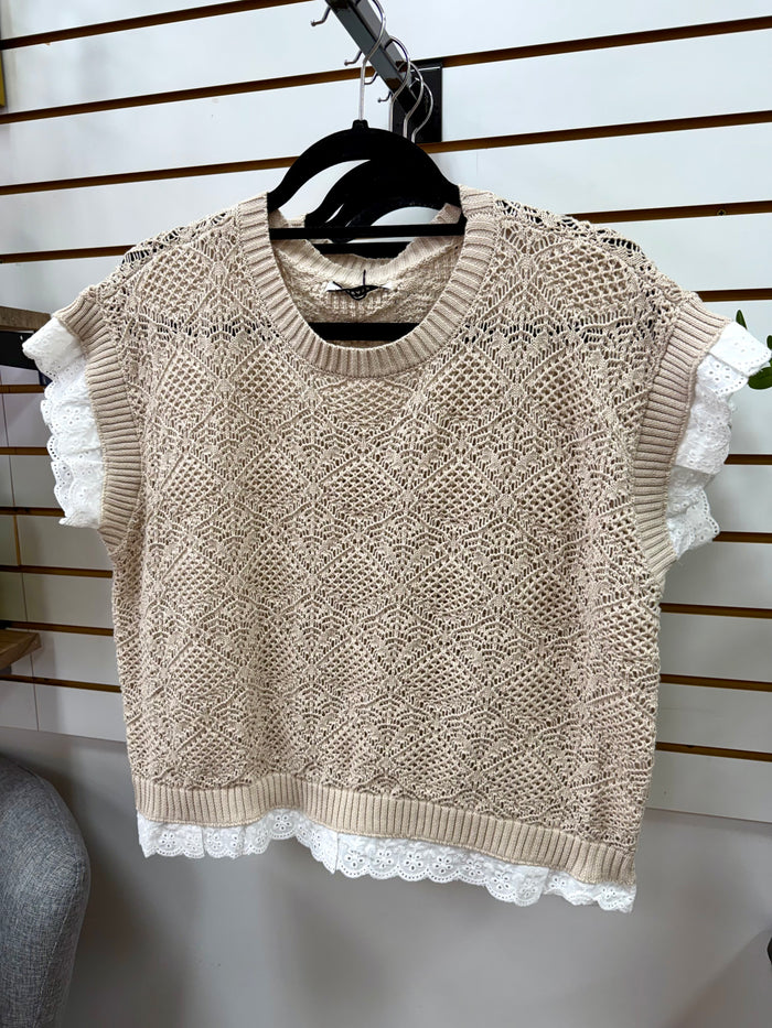 Oatmeal crochet knit short sleeve top with eyelet lace hem details