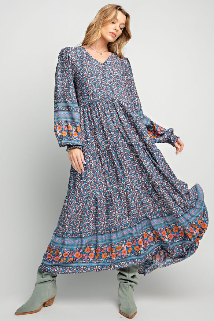 Long Sleeve Navy Printed Maxi Dress | Boutique Elise | Karina Easel