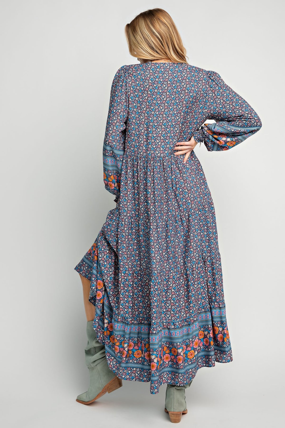 Long Sleeve Navy Printed Maxi Dress | Boutique Elise | Karina Easel