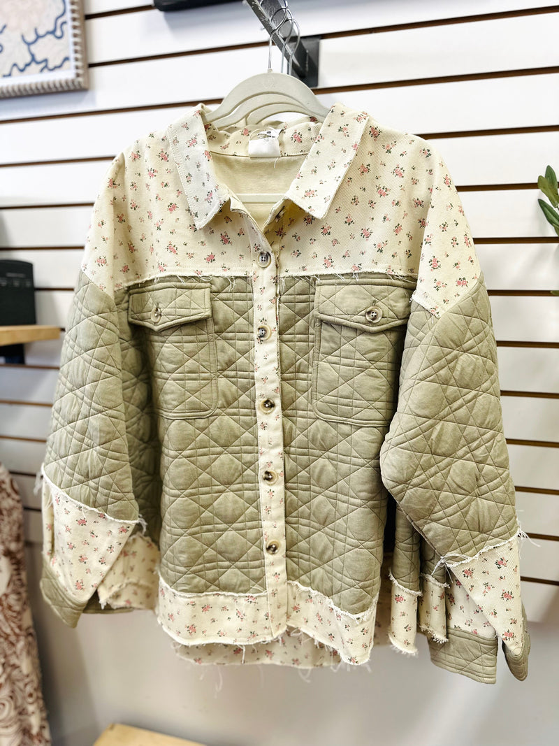 Green Floral Print Quilted Detail Jacket | Gabby Very J