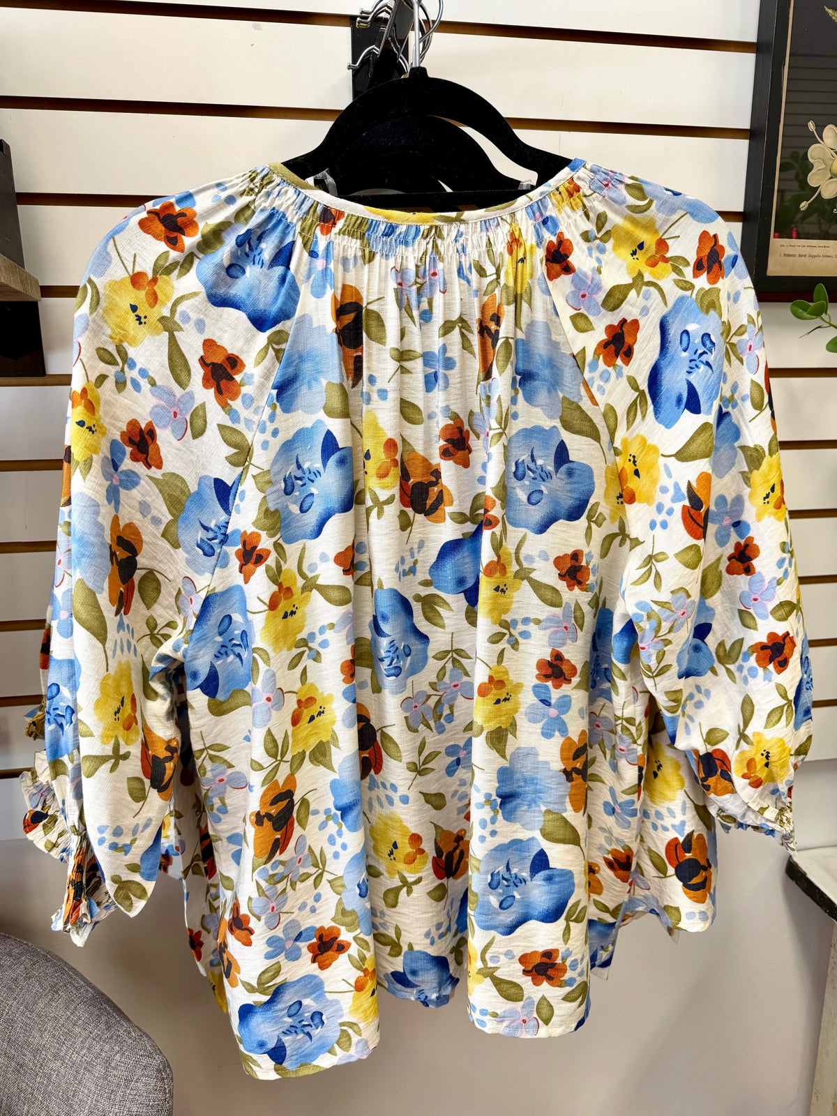 Blue Floral Print 3/4 Sleeve Blouse | Blair Staccato