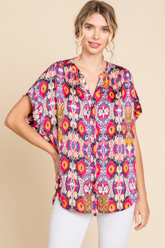 Fuchsia Mixed Print Short Sleeve Top | Boutique Elise | Farrah Jodifl