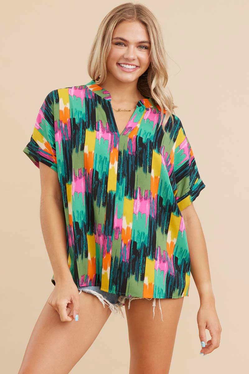 Green Mixed Print Short Sleeve Top | Boutique Elise | Gracie Jodifl