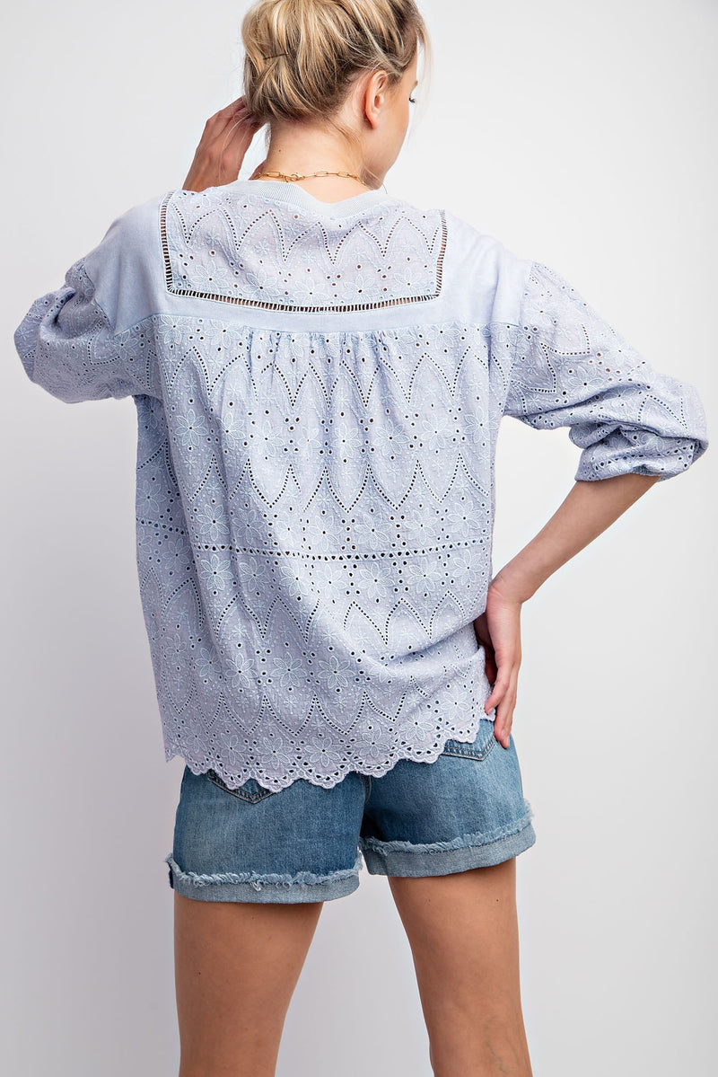 Back of the Light Periwinkle Eyelet Lace Detail Top 