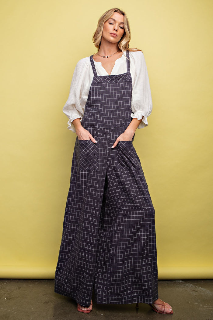 Denim Checkerboard Print Wide Leg Overalls | Boutique Elise | Shelly Easel