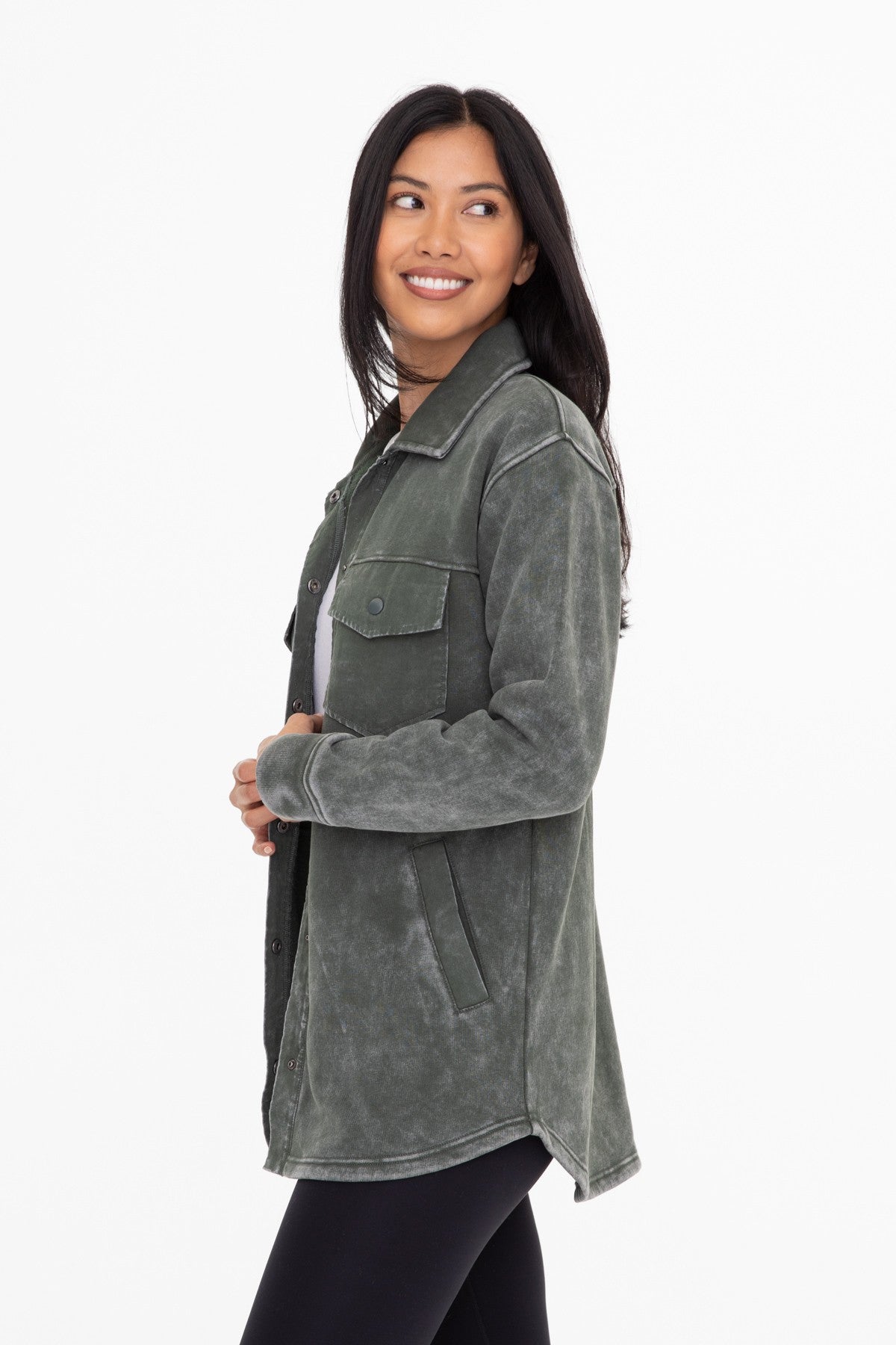 Forest Green Mineral Wash Shacket | Boutique Elise | Maggie Mono b
