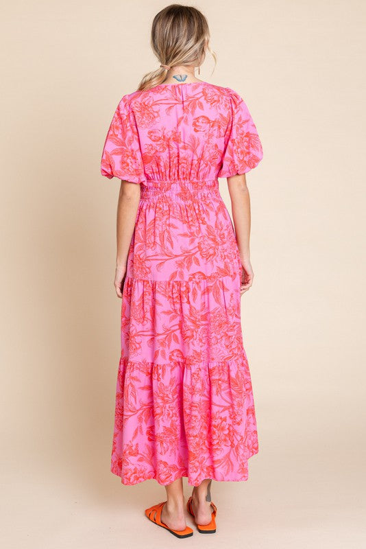 Pink and Orange Puff Sleeve Midi Dress | Boutique Elise | Cameron Jodifl
