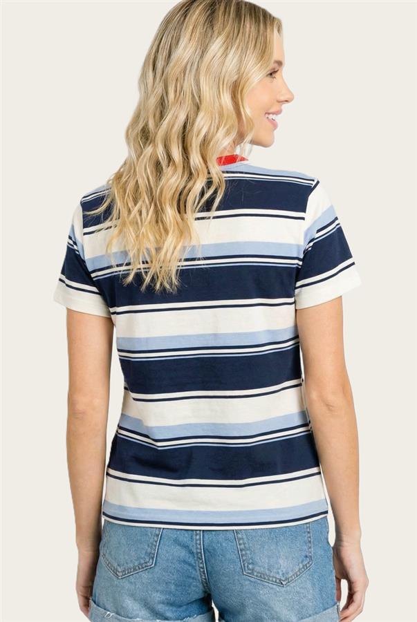 Navy Light Blue and Red Stripe Short Sleeve Top | Tia Staccato