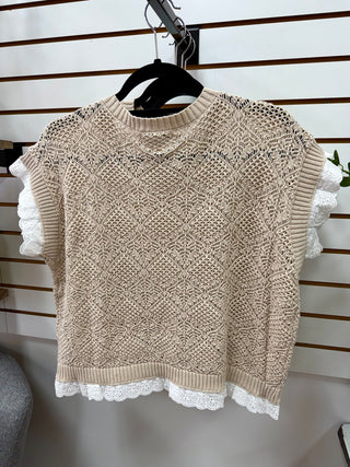 Oatmeal Crochet Knit and Eyelet Lace Hem Top | Sammie Staccato