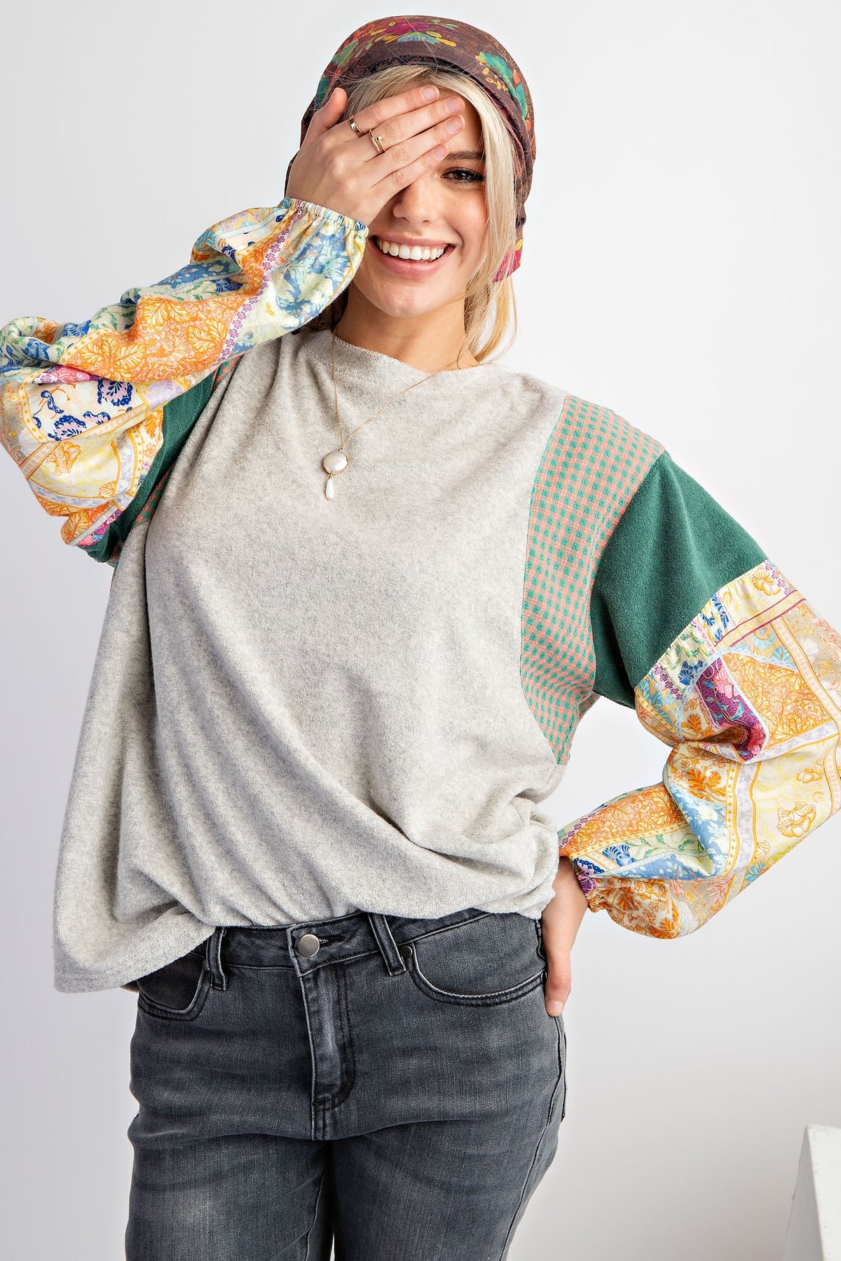 Grey with Mixed Print Sleeve Detail Top | Boutique Elise | Gabby Easel