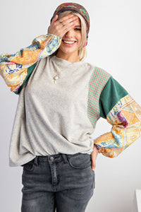 Grey with Mixed Print Sleeve Detail Top | Boutique Elise | Gabby Easel