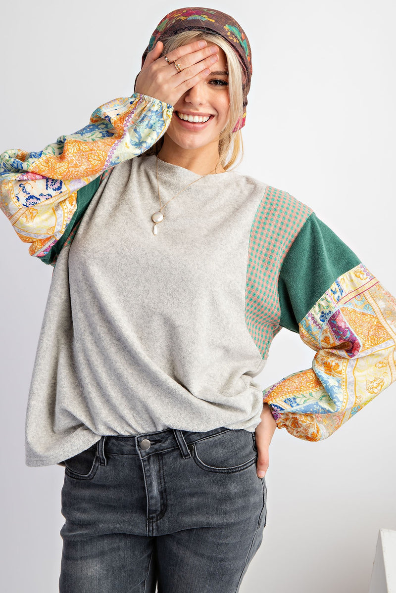 Grey with Mixed Print Sleeve Detail Top | Boutique Elise | Gabby Easel