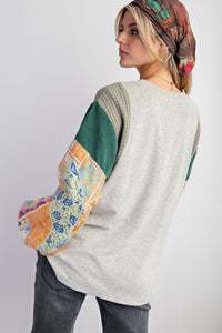 Grey with Mixed Print Sleeve Detail Top | Boutique Elise | Gabby Easel