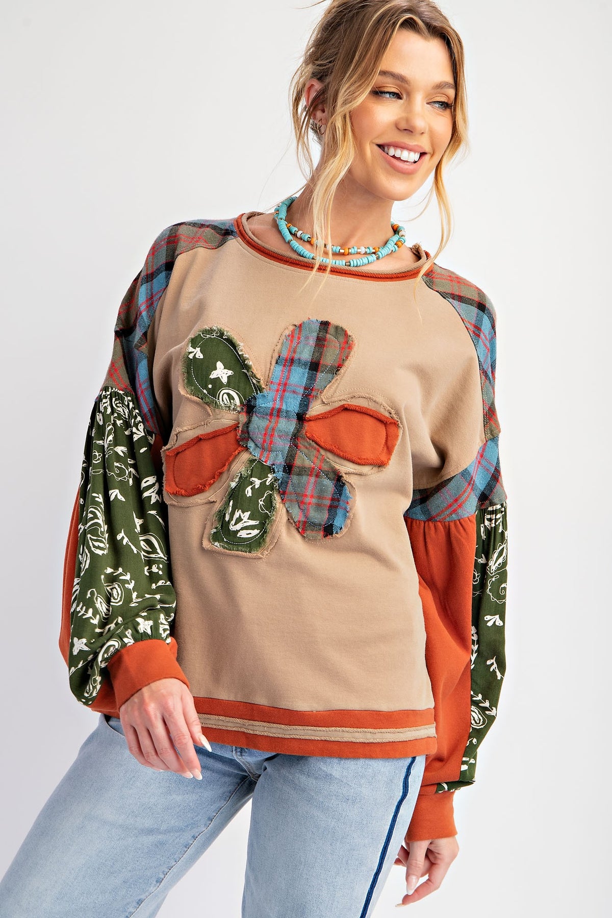 Long Sleeve Patchwork Flower Top | Boutique Elise | Avery Easel