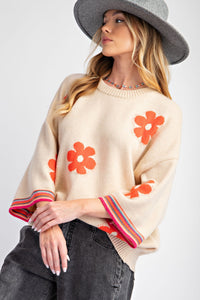 Oatmeal Floral Print 3/4 Sleeve Sweater | Boutique Elise | Opal Easel