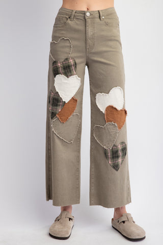 olive green denim heart detail pants
