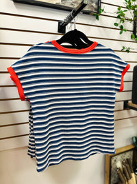 Blue and White Stripe with Coral Detail Top | Camden Staccato