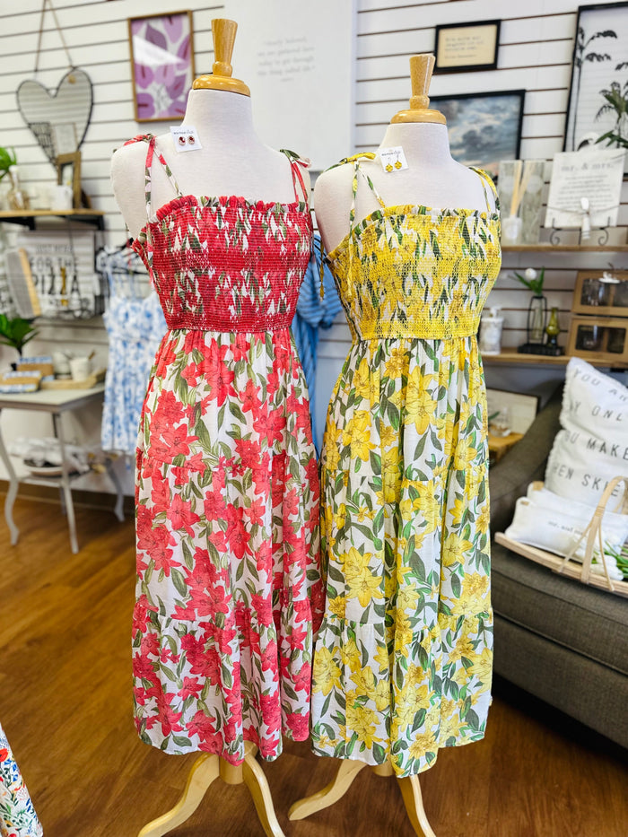 Floral Smocked Spaghetti Strap Midi Dress | Sally Blu Pepper