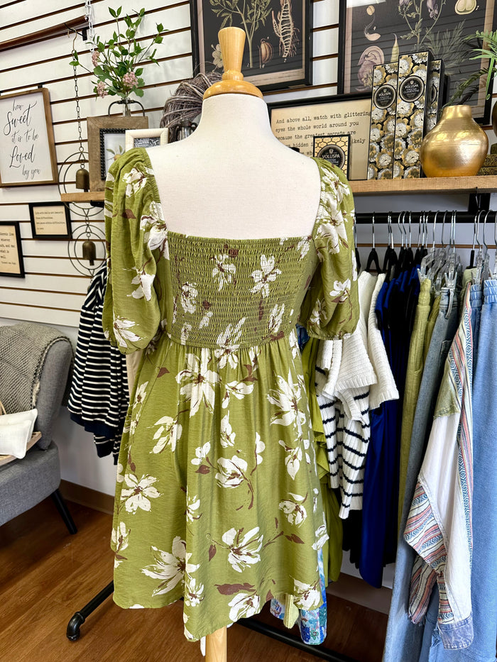 Green Floral Puff Sleeve Mini Dress | Boutique Elise | Gloria Blu Pepper