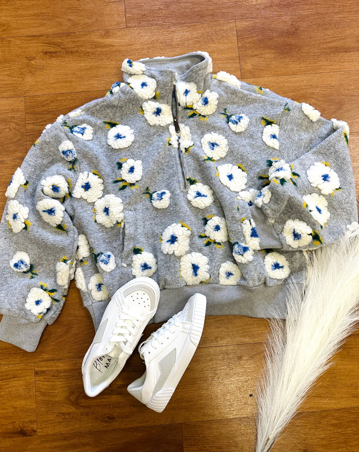 Grey Flower Detail Half-Zip Sweatshirt | Boutique Elise | Matilda Entro