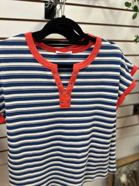 Blue and White Stripe with Coral Detail Top | Camden Staccato