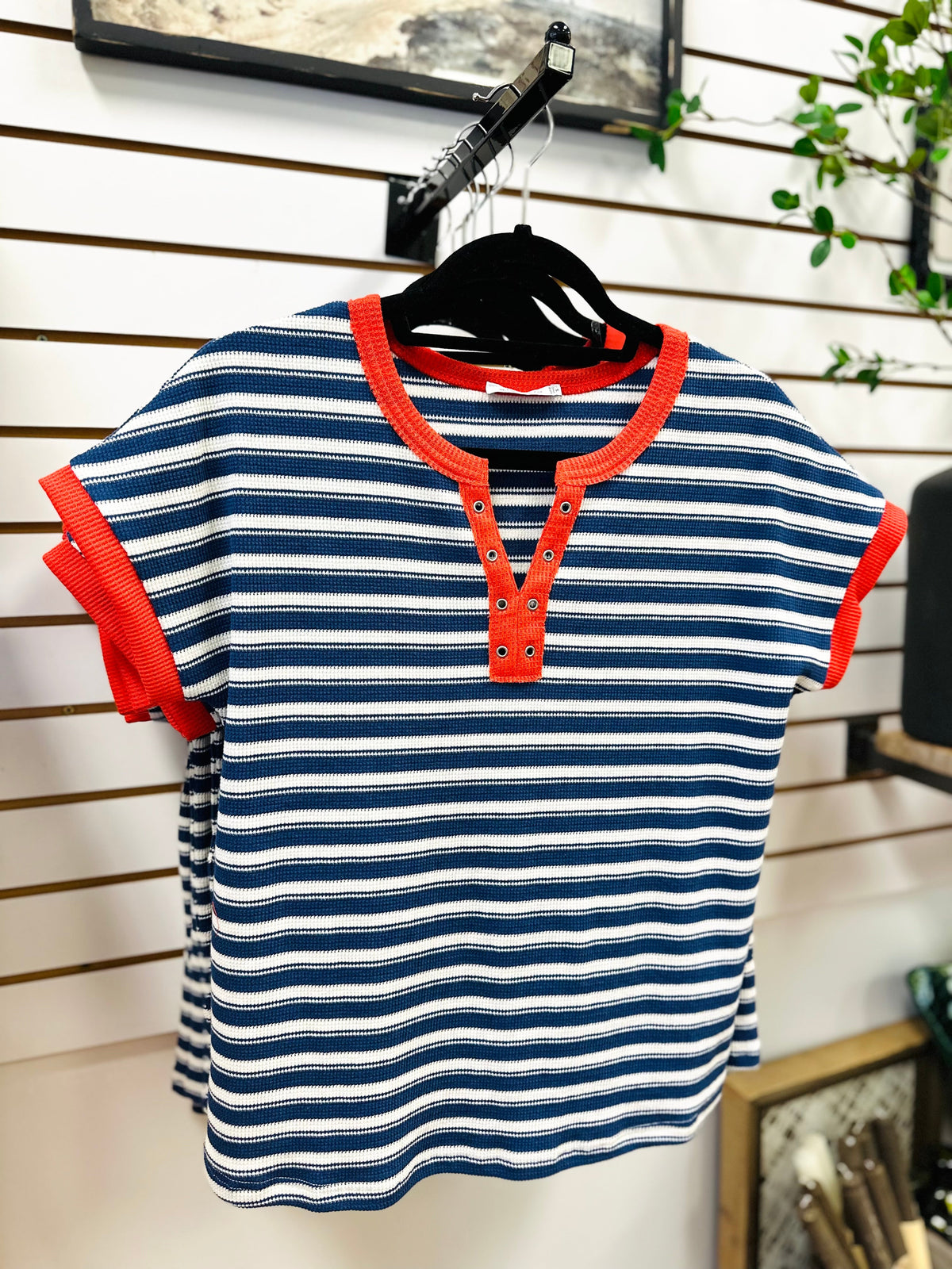 Blue and White Stripe with Coral Detail Top | Camden Staccato