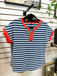 Blue and White Stripe with Coral Detail Top | Camden Staccato