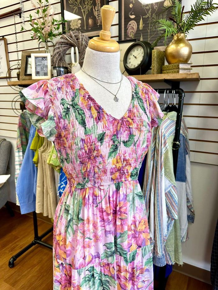 Pink Floral Print Smocked Midi Dress | Boutique Elise | Delilah Blu Pepper