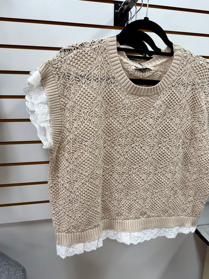 Oatmeal Crochet Knit and Eyelet Lace Hem Top | Sammie Staccato