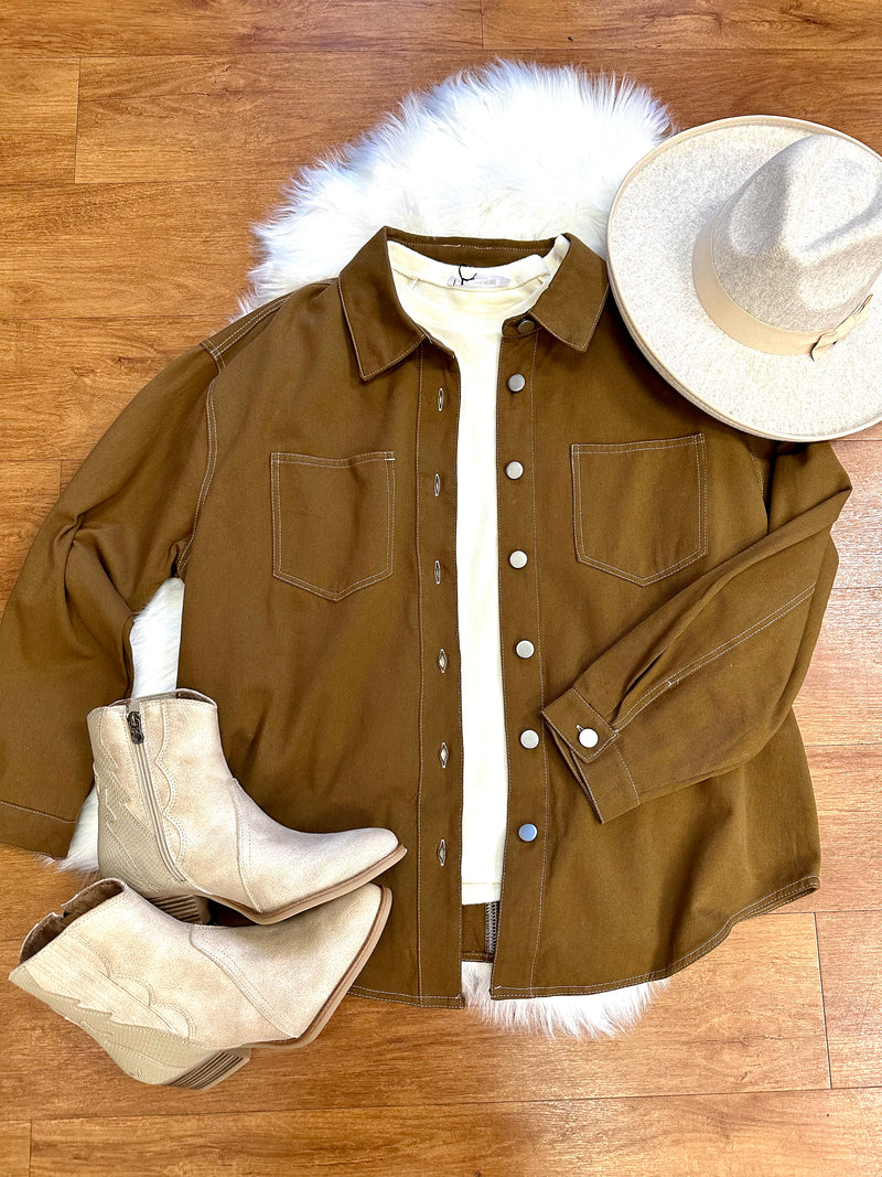 Camel Stitch Detail Shacket | Boutique Elise | Kassie Hyfve