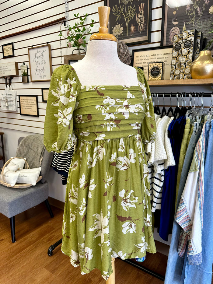 Green Floral Puff Sleeve Mini Dress | Boutique Elise | Gloria Blu Pepper