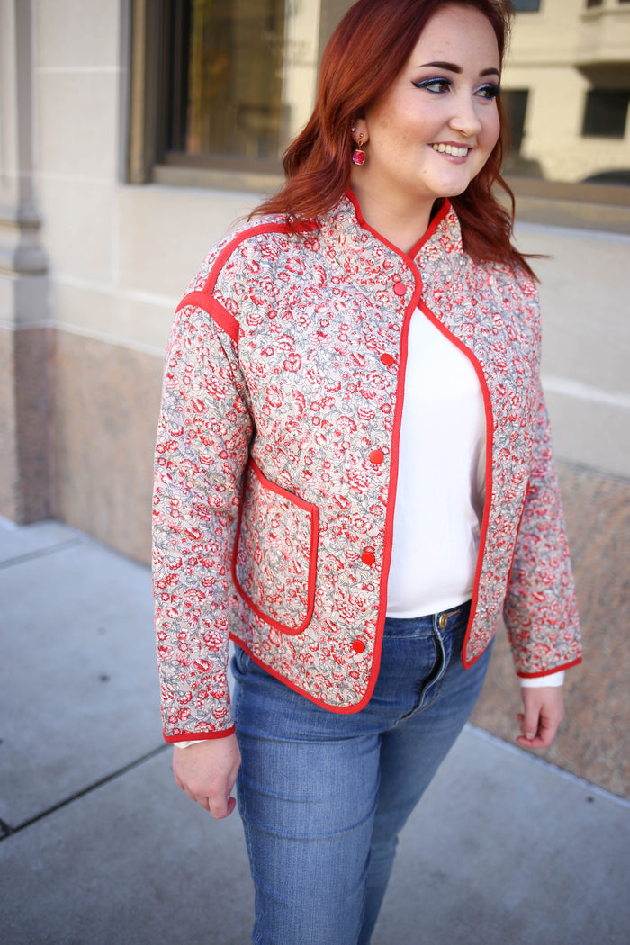 Red Mini Floral Print Quilted Jacket | Boutique Elise | Rory Staccato